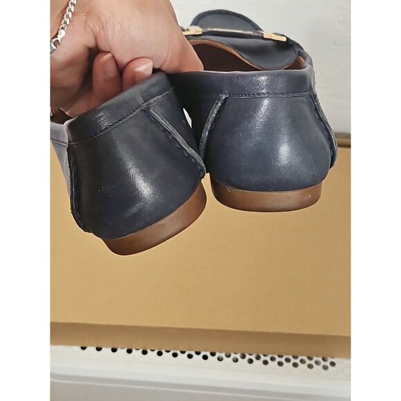 Kate Spade Navy Blue Leather Flat Slip On Loafers Size 7m Gold Logo Buckle - Picture 5 of 5